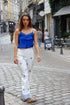 Pantalon fluide blanc imprimé – viscose et lin BLANC/BLEU