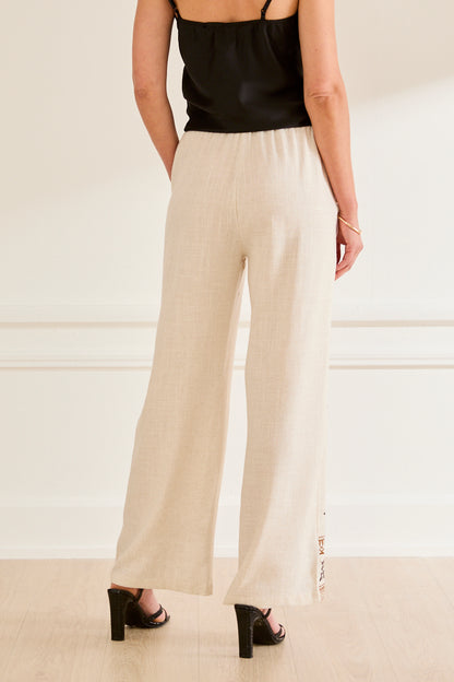 Pantalon large brodé lin BEIGE/NOIR