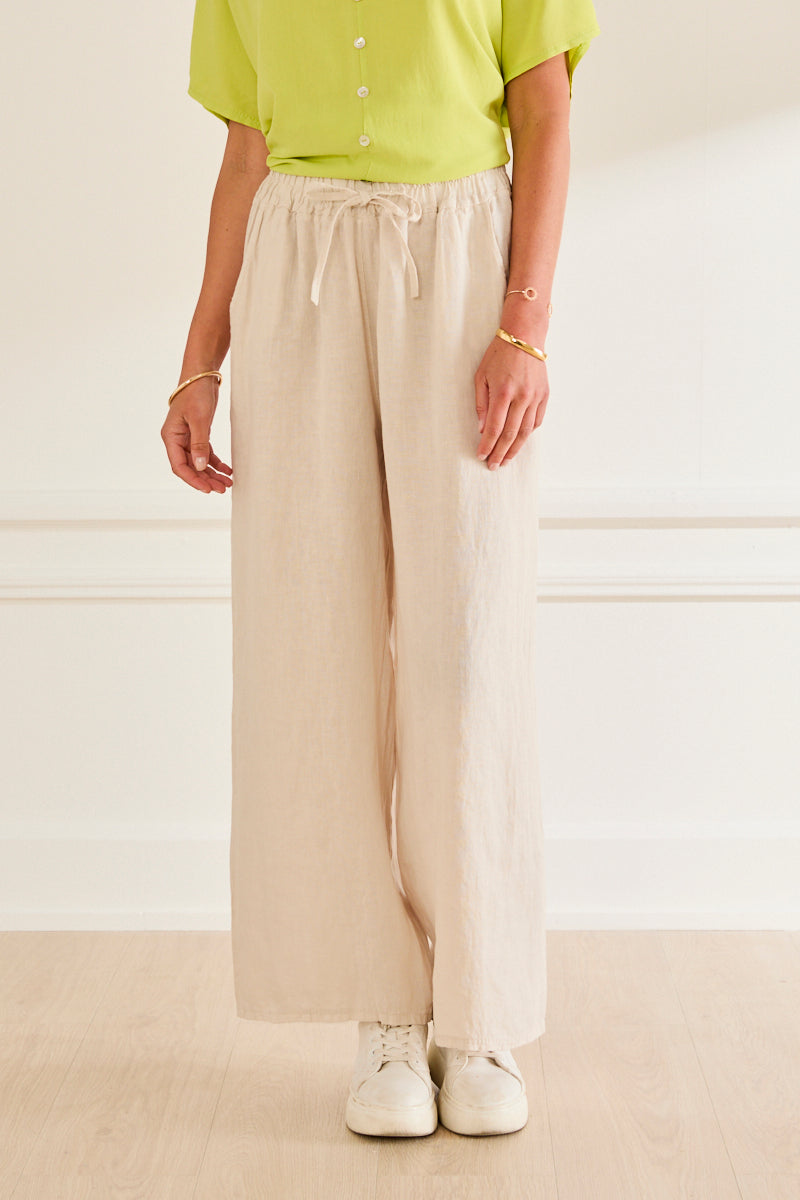 Pantalon large en lin Noémie – taille élastiquée BEIGE