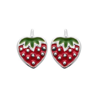 Puces fraise argent rhodié - émail 
