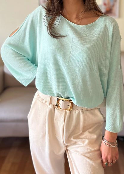 Pull col rond épaule dénudée TURQUOISE
