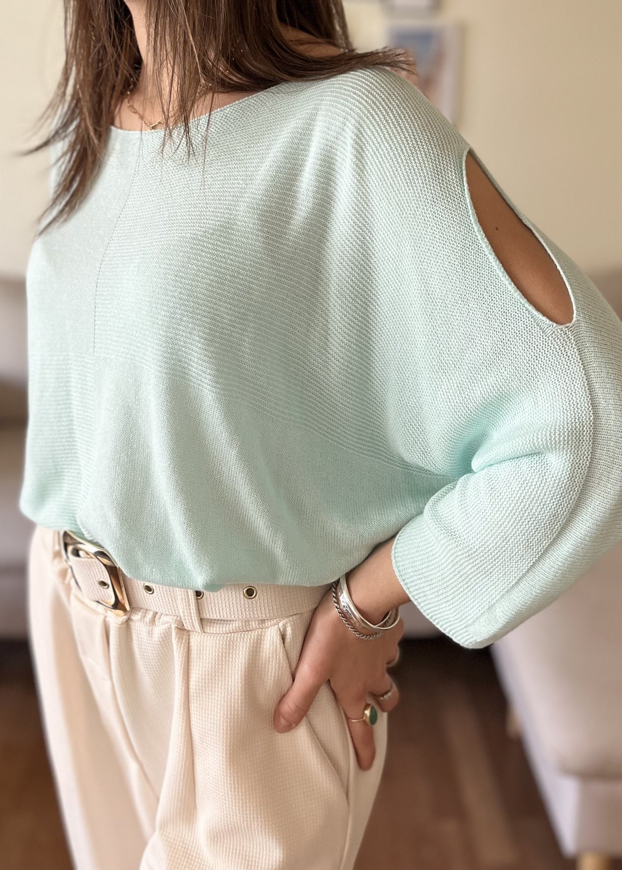 Pull col rond épaule dénudée TURQUOISE