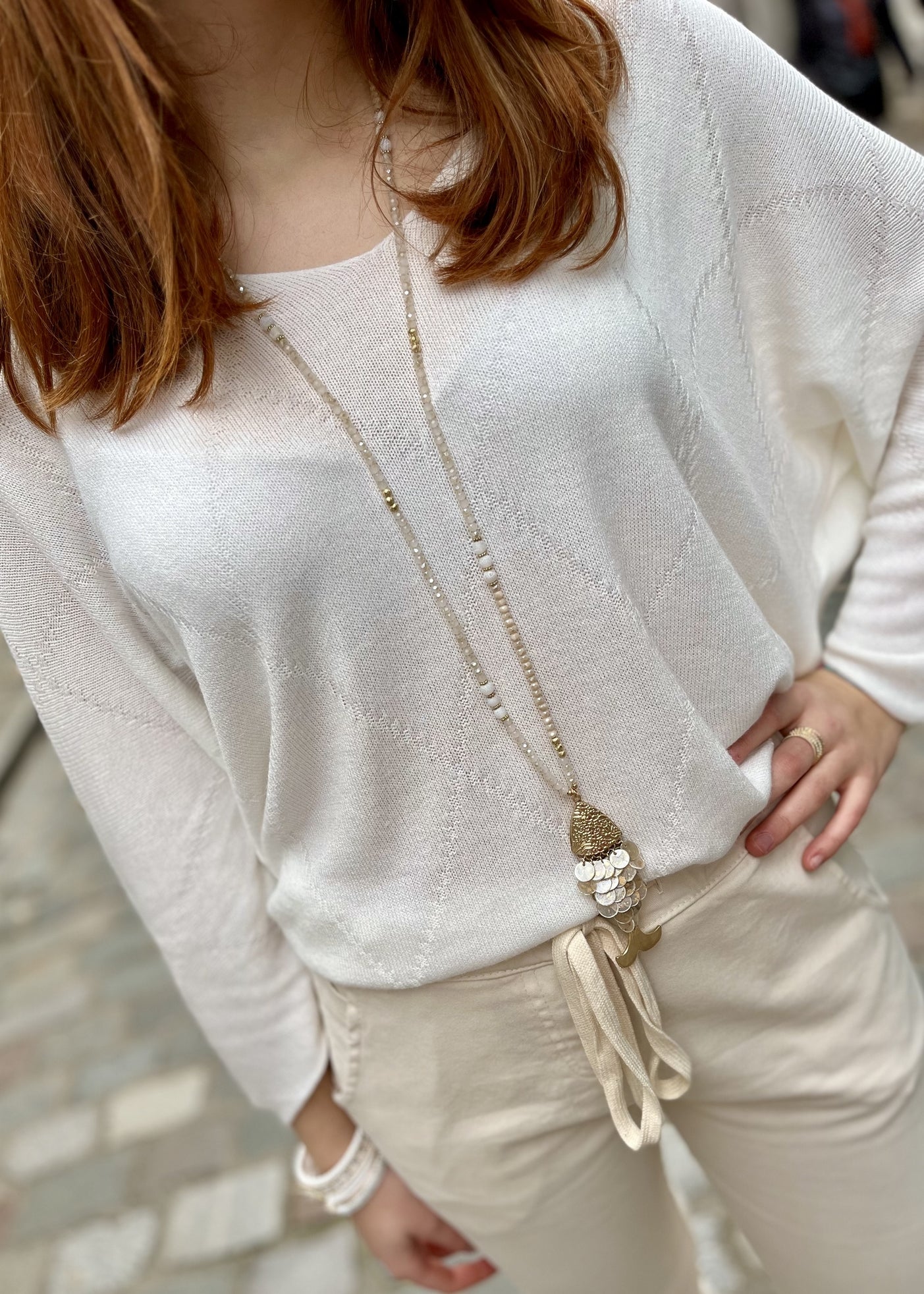 Pull col v texturé BLANC