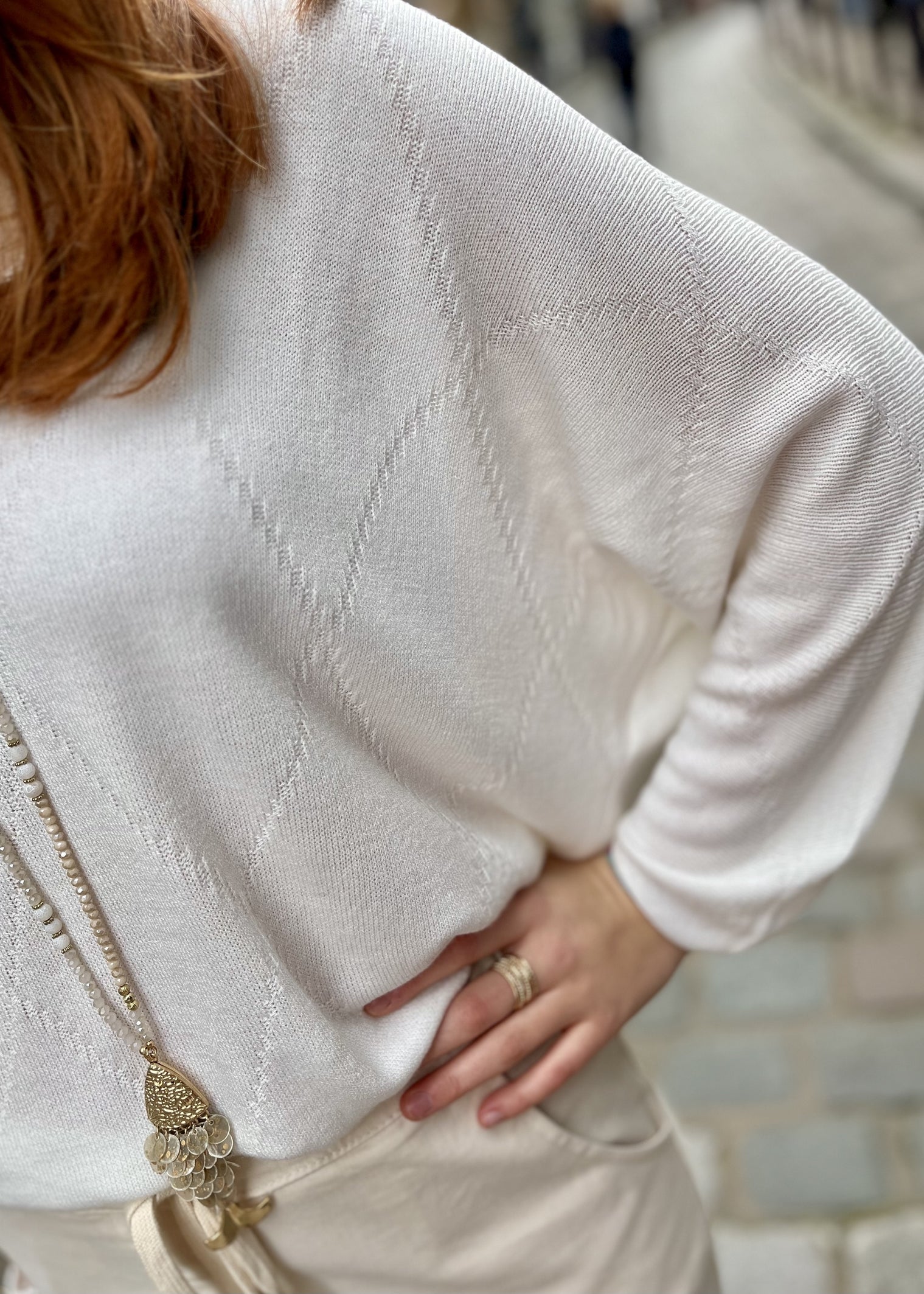 Pull col v texturé BLANC