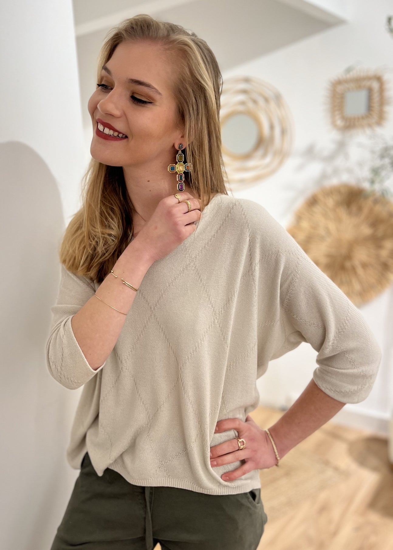 Pull col v texturé TAUPE