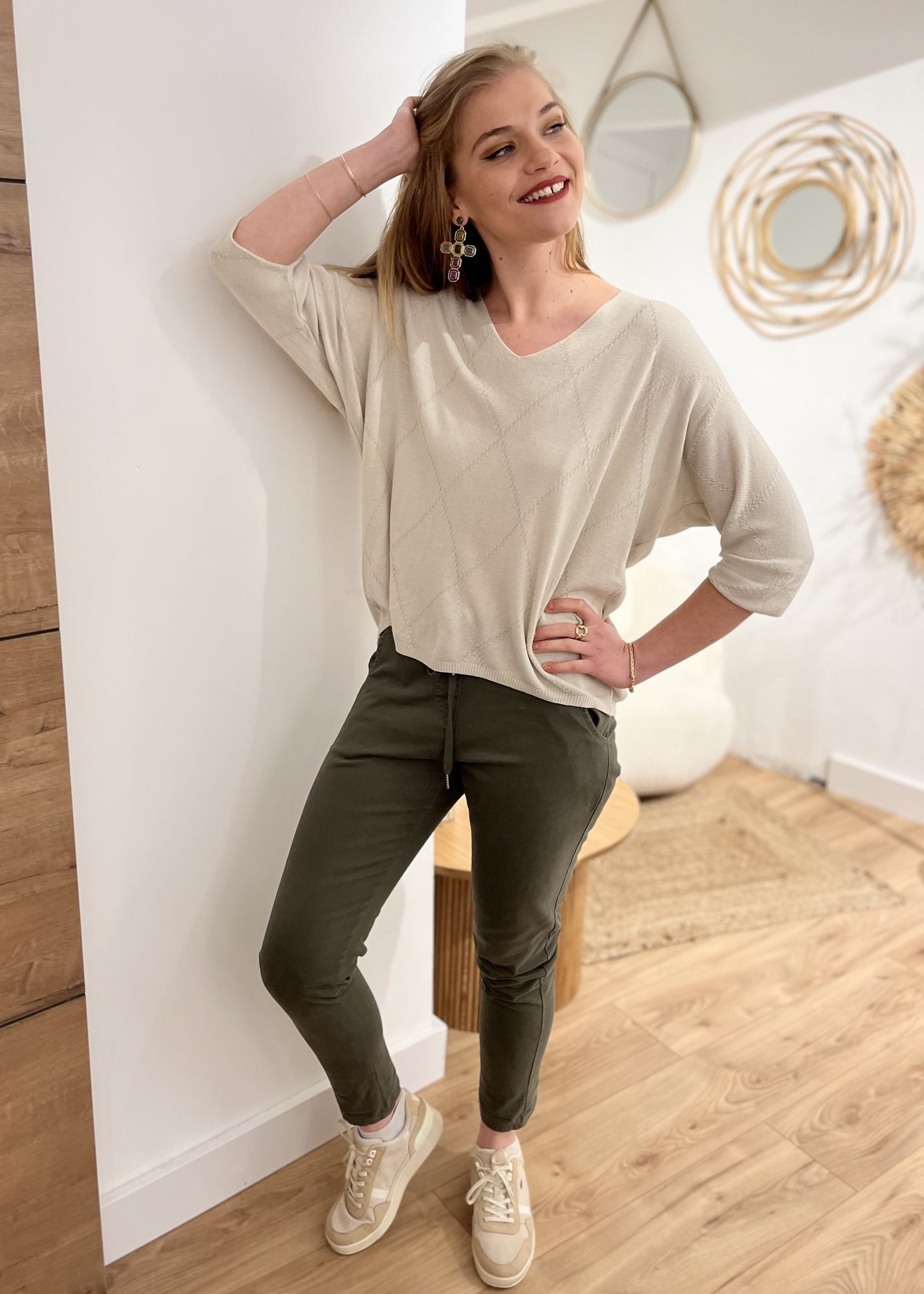Pull col v texturé TAUPE