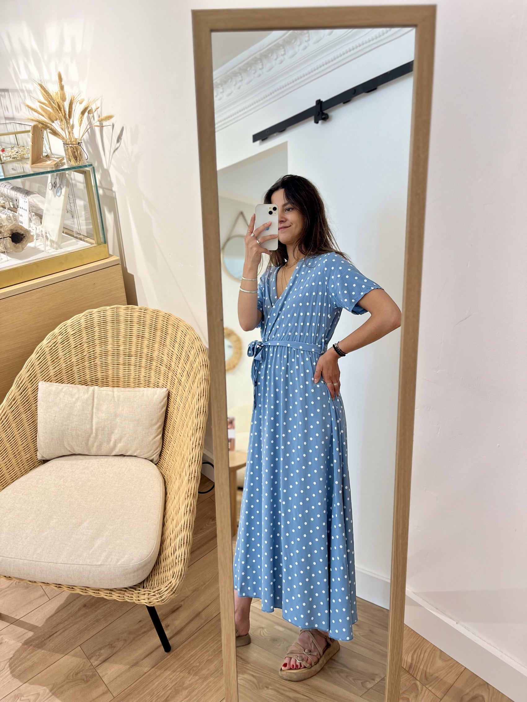 Robe longue alexandrine Pois blanc BLEU JEAN
