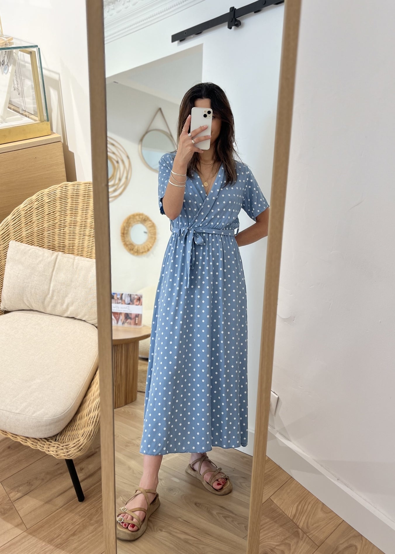 Robe longue alexandrine Pois blanc BLEU JEAN