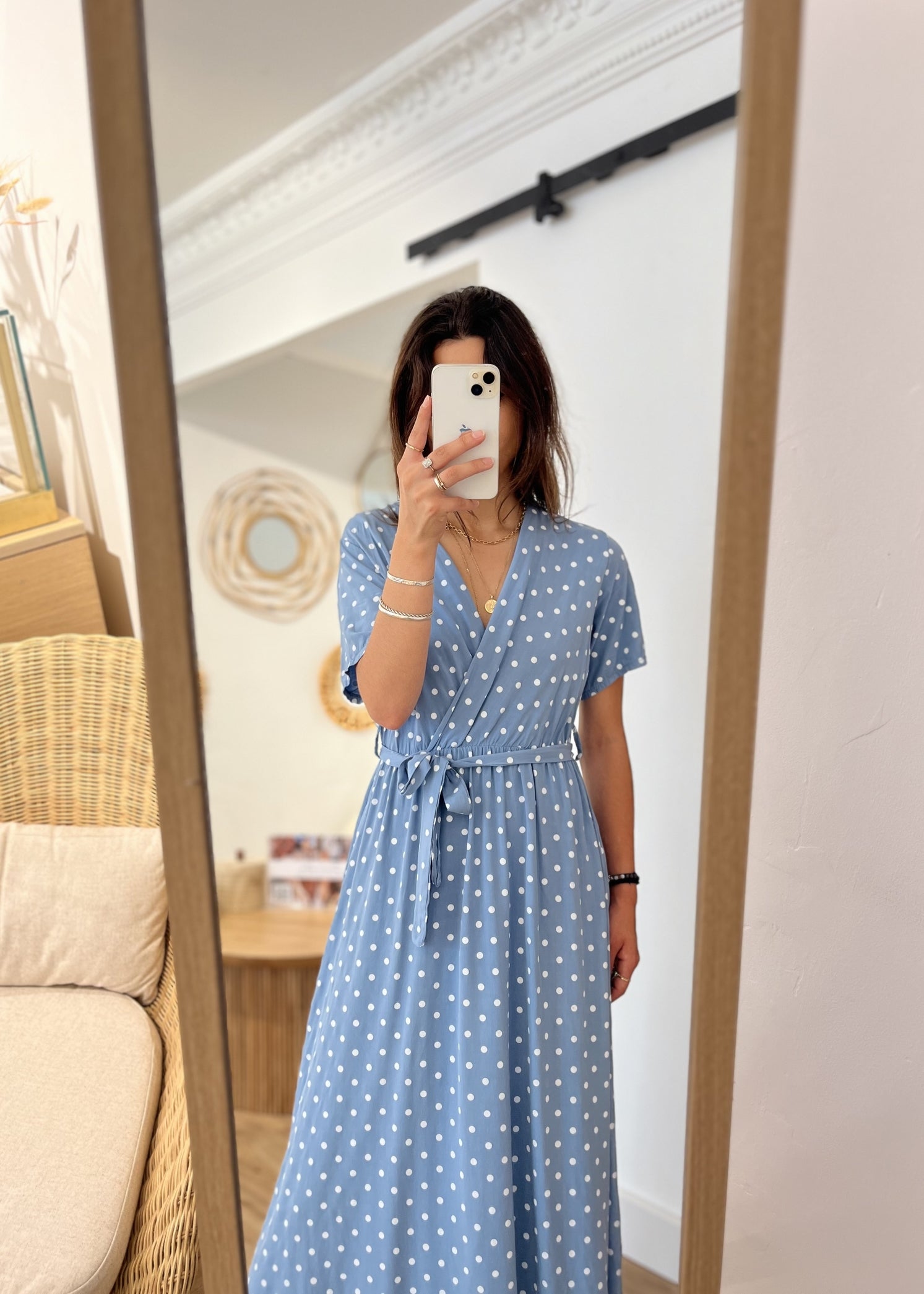 Robe longue alexandrine Pois blanc BLEU JEAN