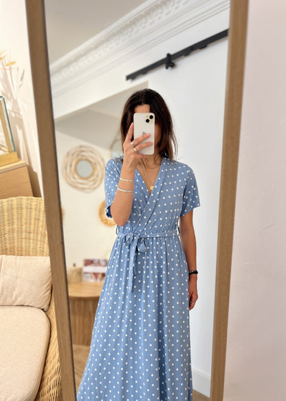 Robe longue alexandrine Pois blanc BLEU JEAN