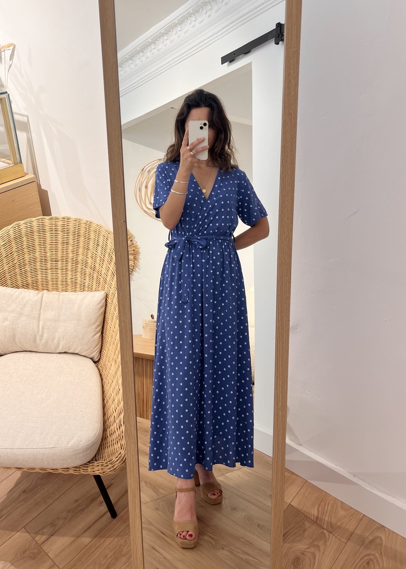 Robe longue alexandrine Pois blanc BLEU ROYAL