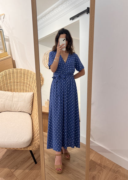 Robe longue alexandrine Pois blanc BLEU ROYAL