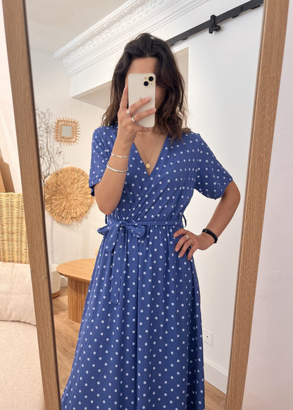 Robe longue alexandrine Pois blanc BLEU ROYAL
