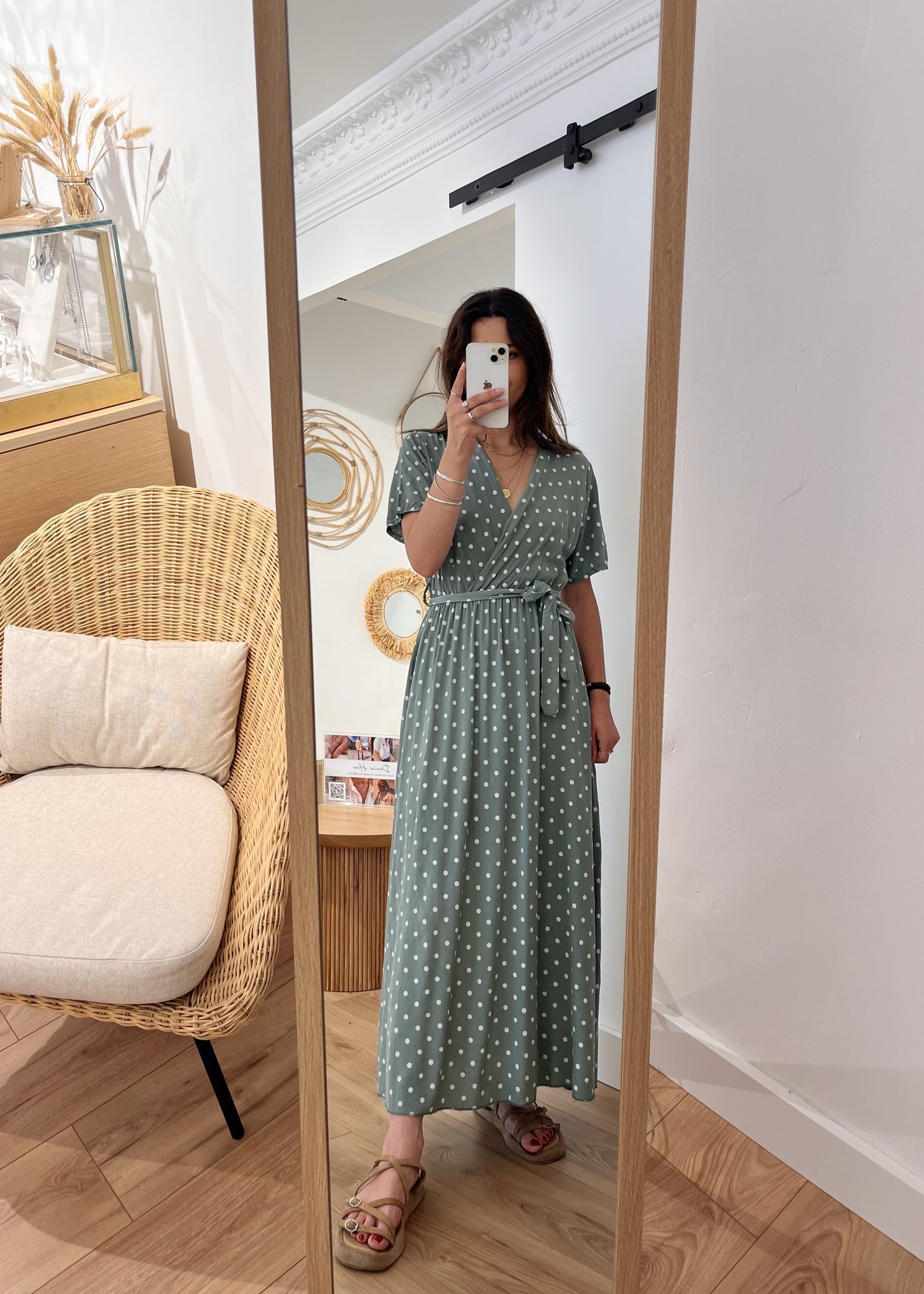 Robe longue alexandrine Pois blanc KAKI