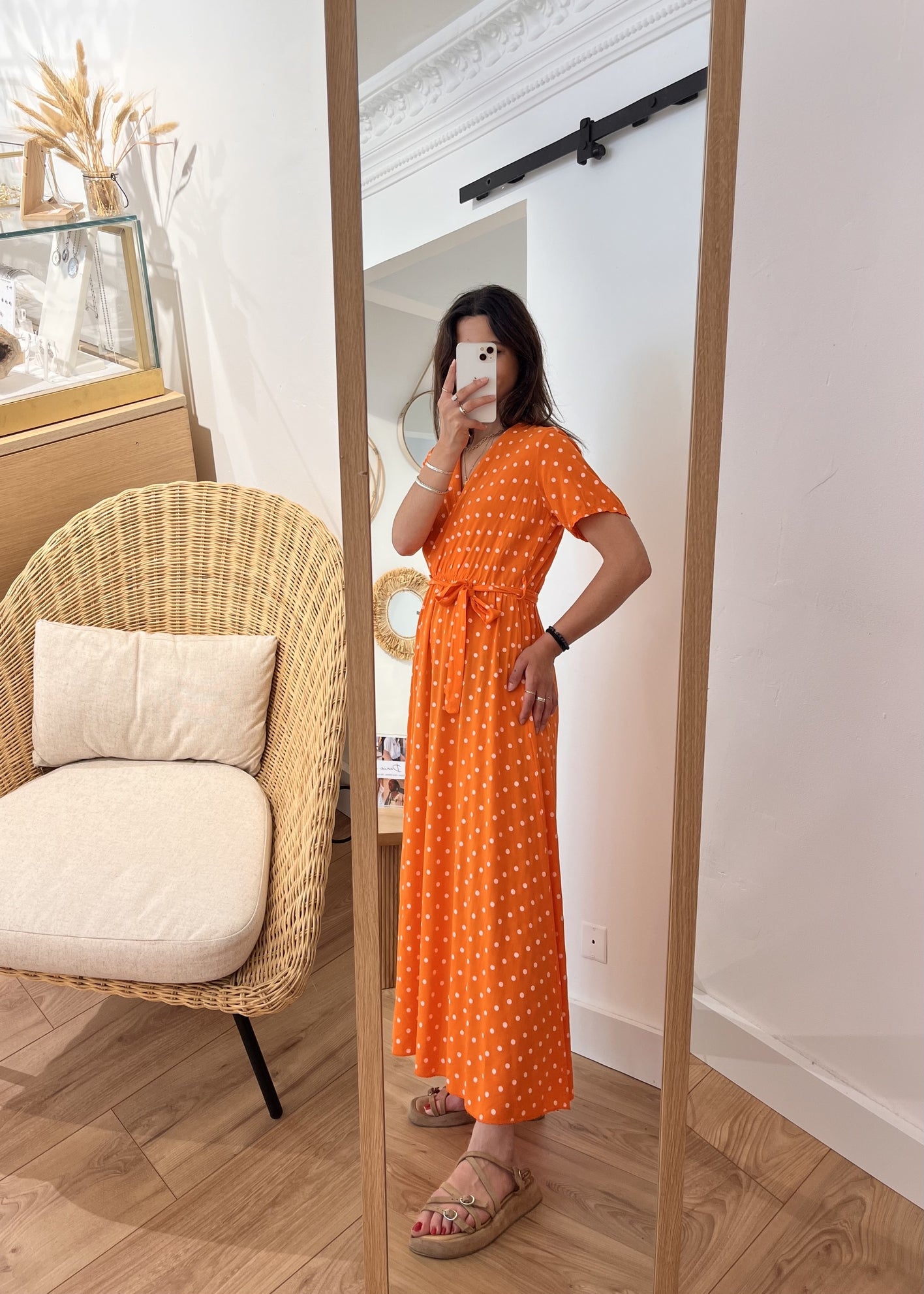 Robe longue alexandrine Pois blanc ORANGE