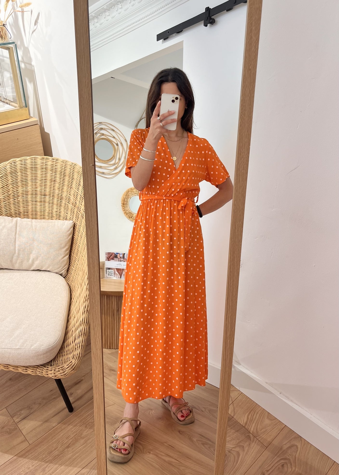 Robe longue alexandrine Pois blanc ORANGE