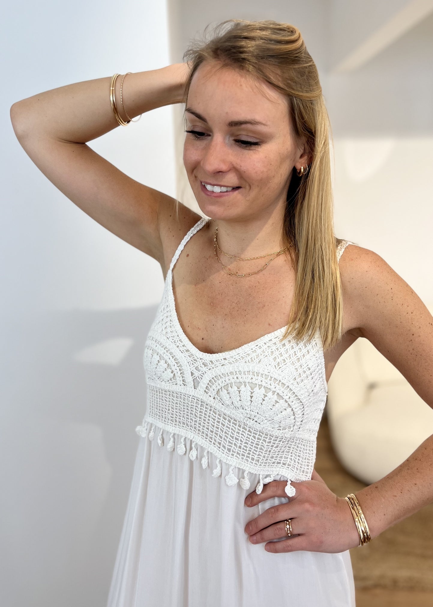 Robe longue bretelle lilianne Haut crochet BLANC