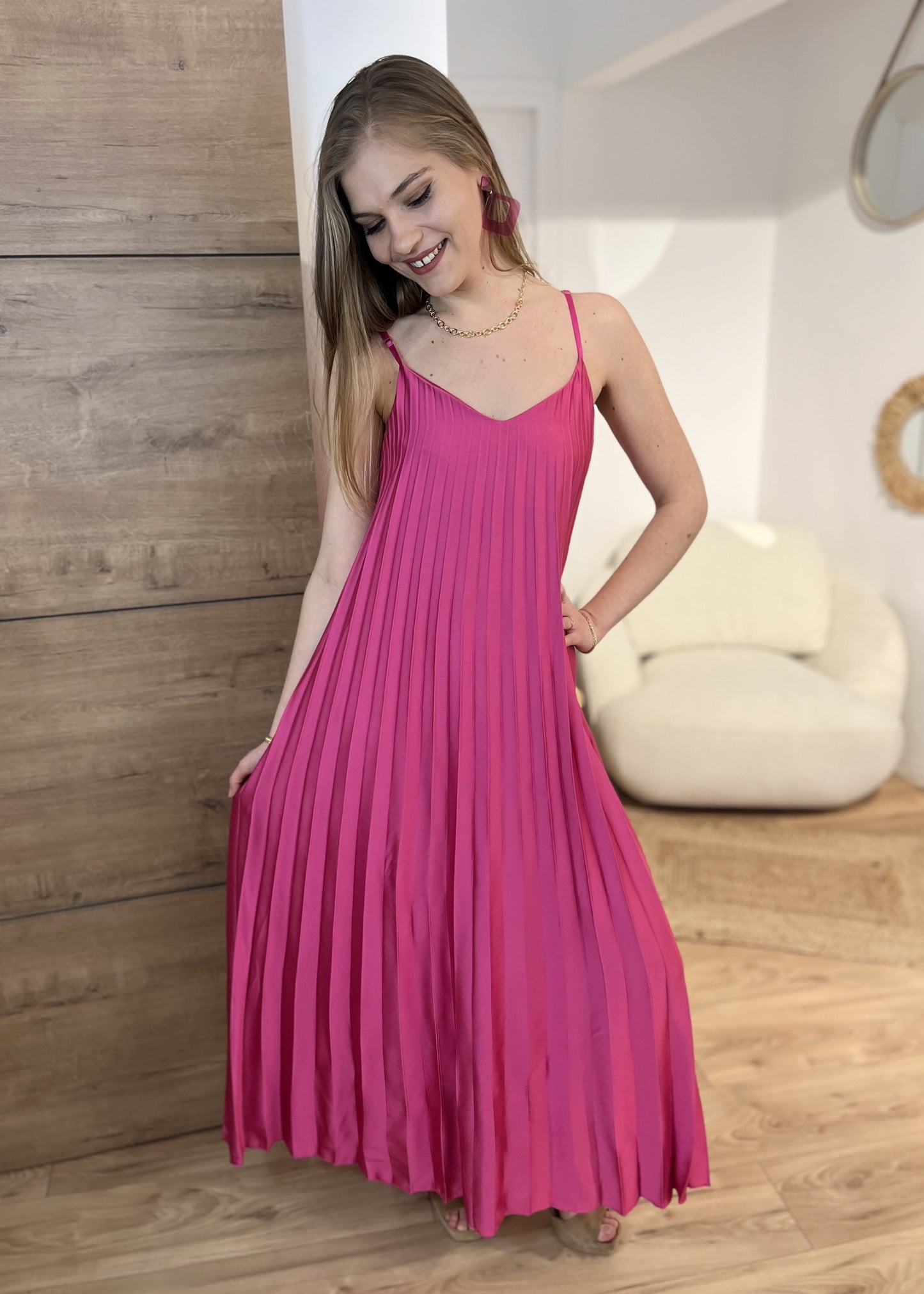 Robe longue bretelle plissée Satin pia FRAMBOISE