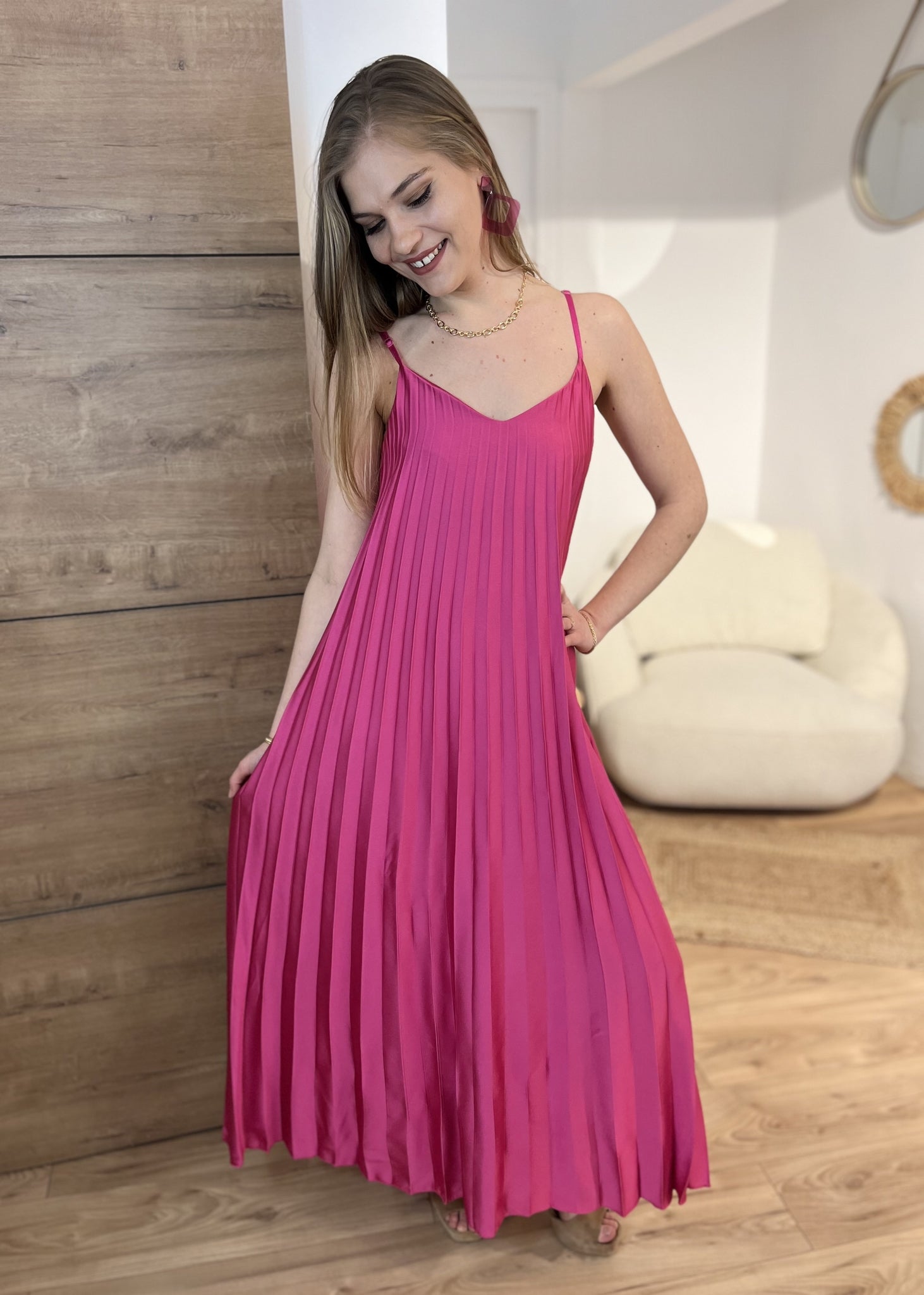 Robe longue bretelle plissée Satin pia FRAMBOISE