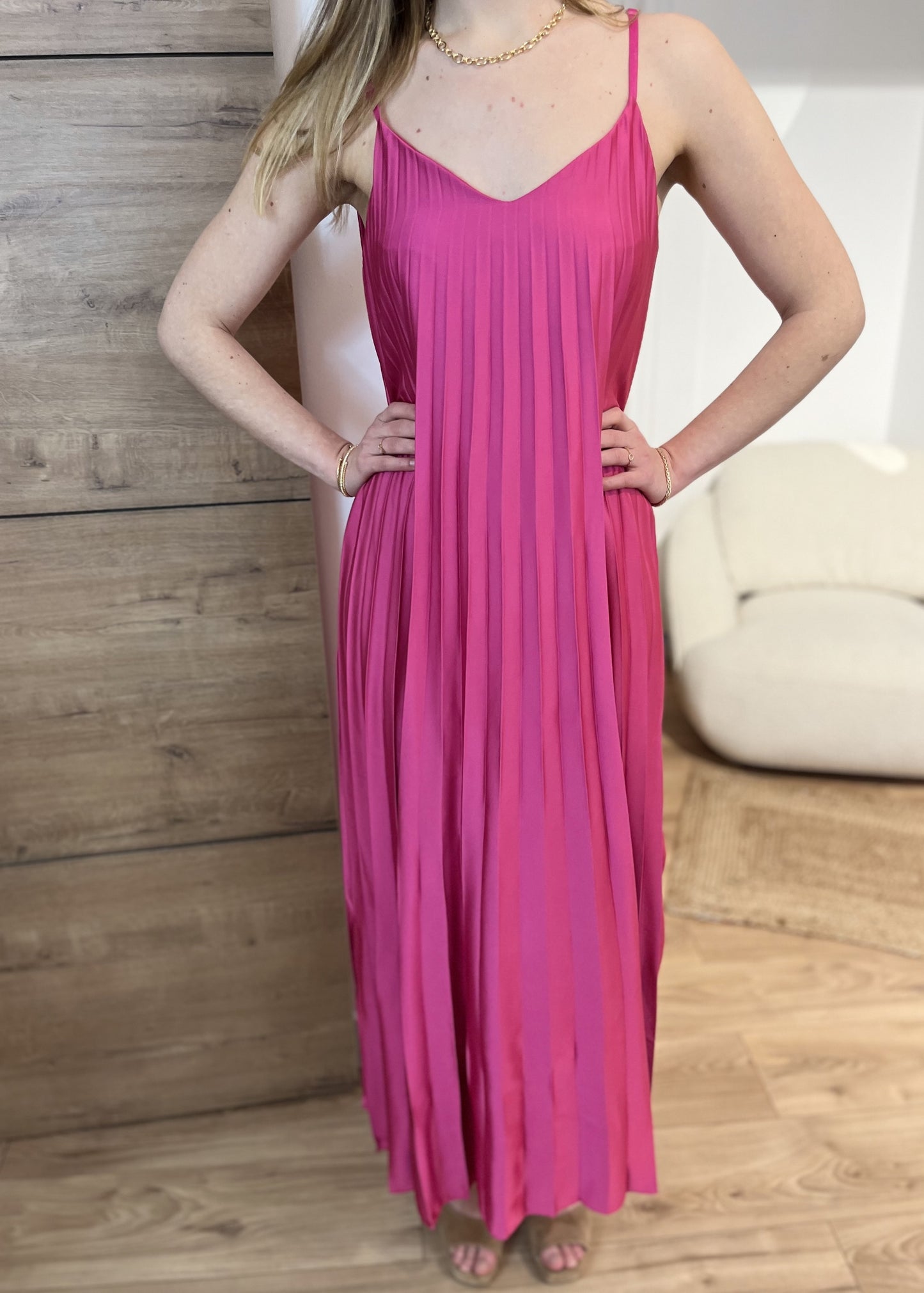 Robe longue bretelle plissée Satin pia FRAMBOISE