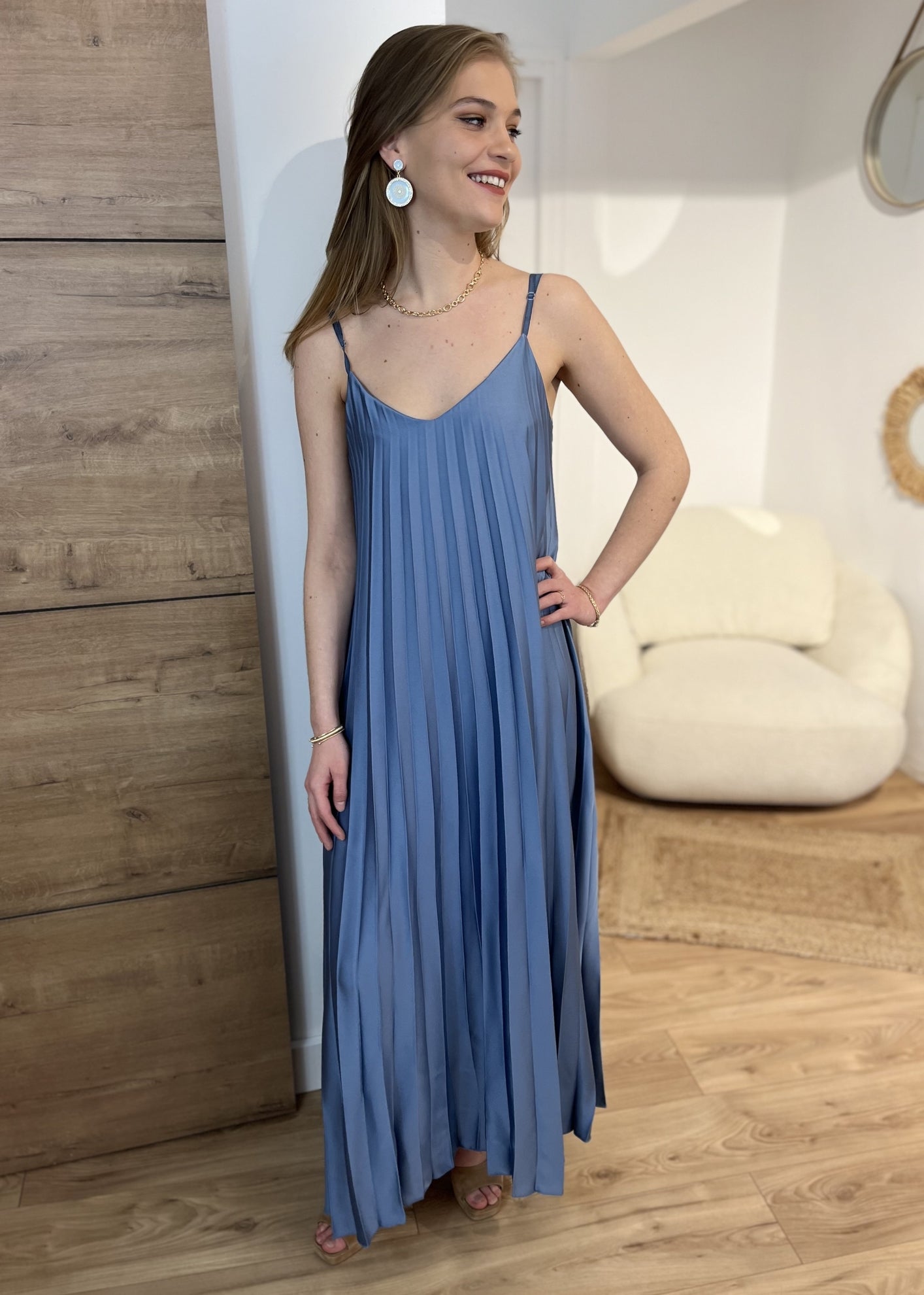 Robe longue bretelle plissée Satin pia JEAN