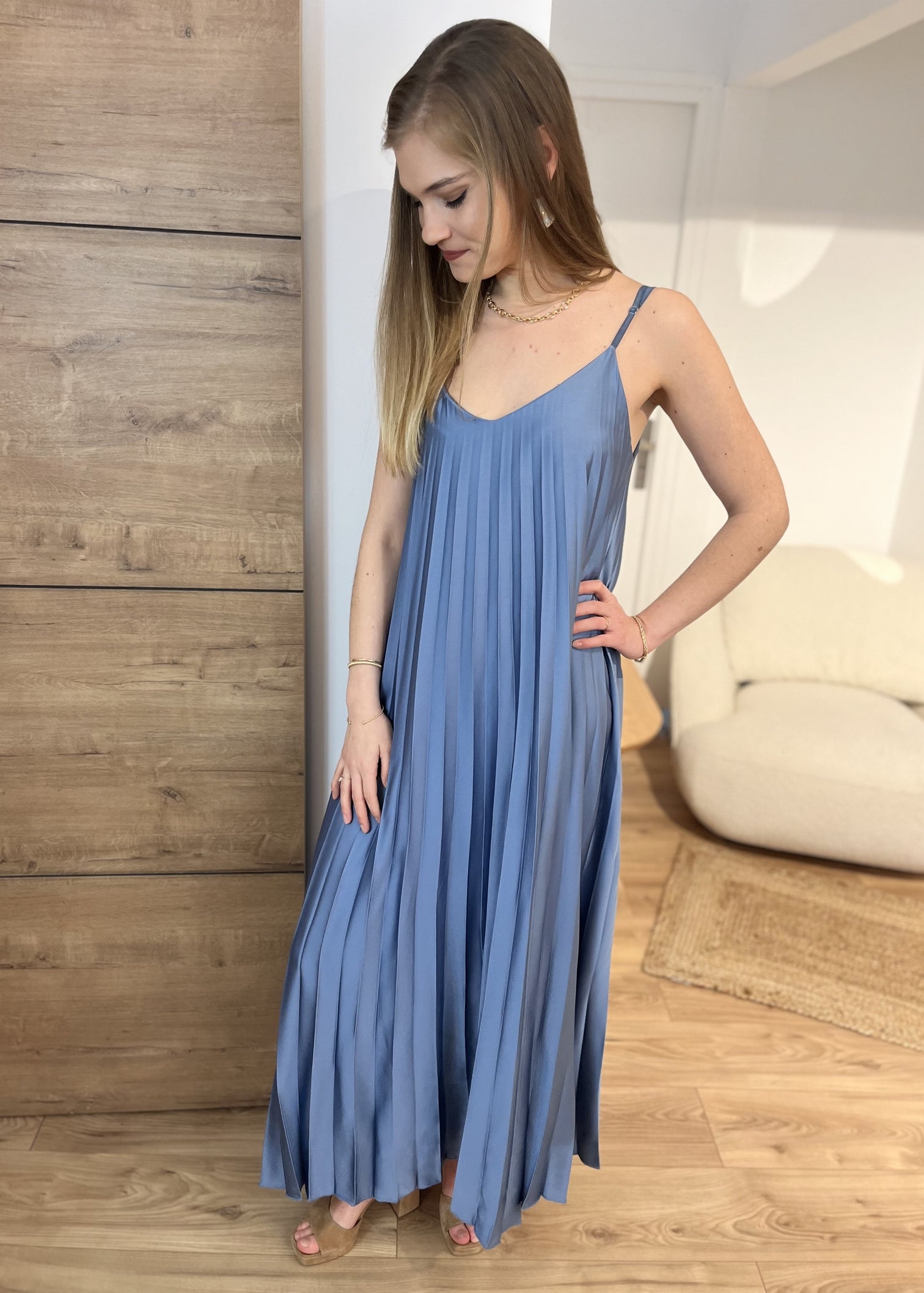 Robe longue bretelle plissée Satin pia JEAN