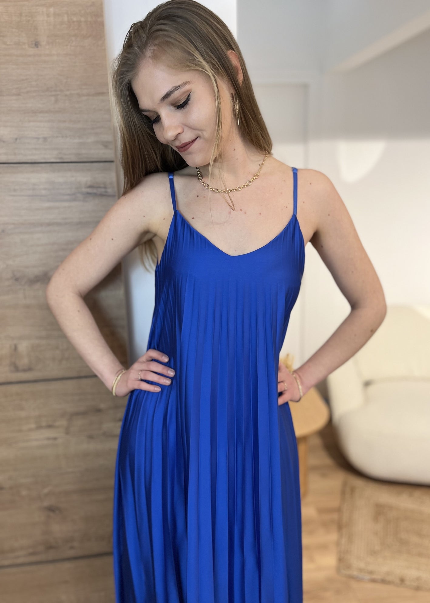 Robe longue bretelle plissée Satin pia ROYAL