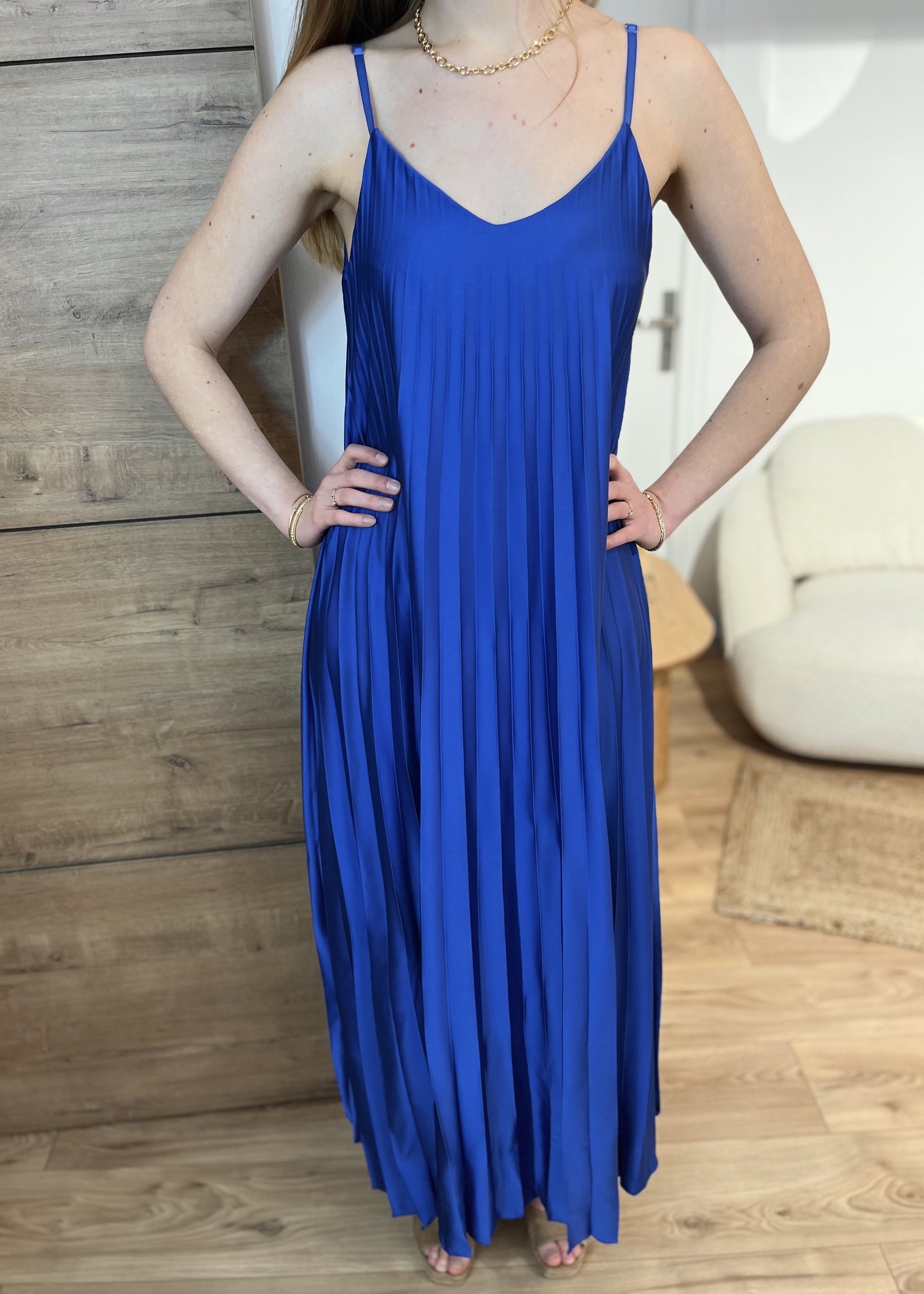 Robe longue bretelle plissée Satin pia ROYAL
