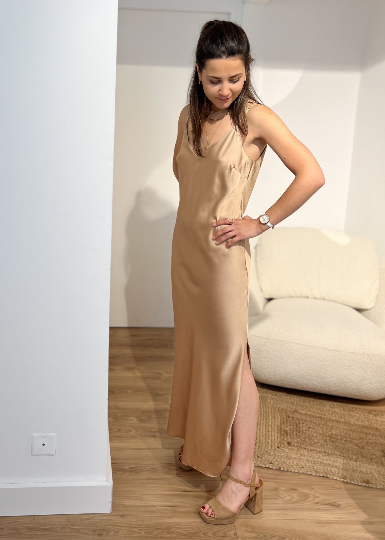 Robe longue bretelle satin Camille BEIGE