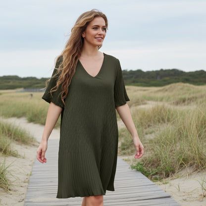 Robe plissée midi Armelle - col v fluide KAKI