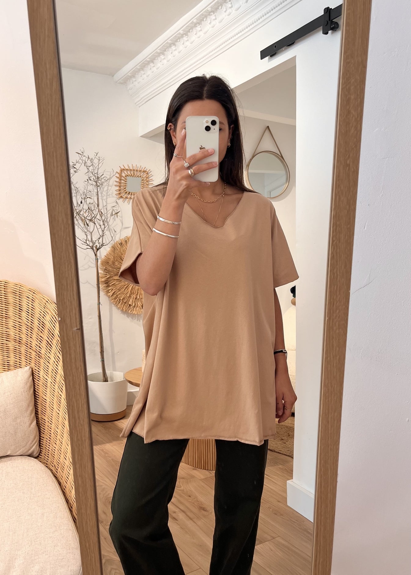 Tee-shirt uni col v lio CAMEL