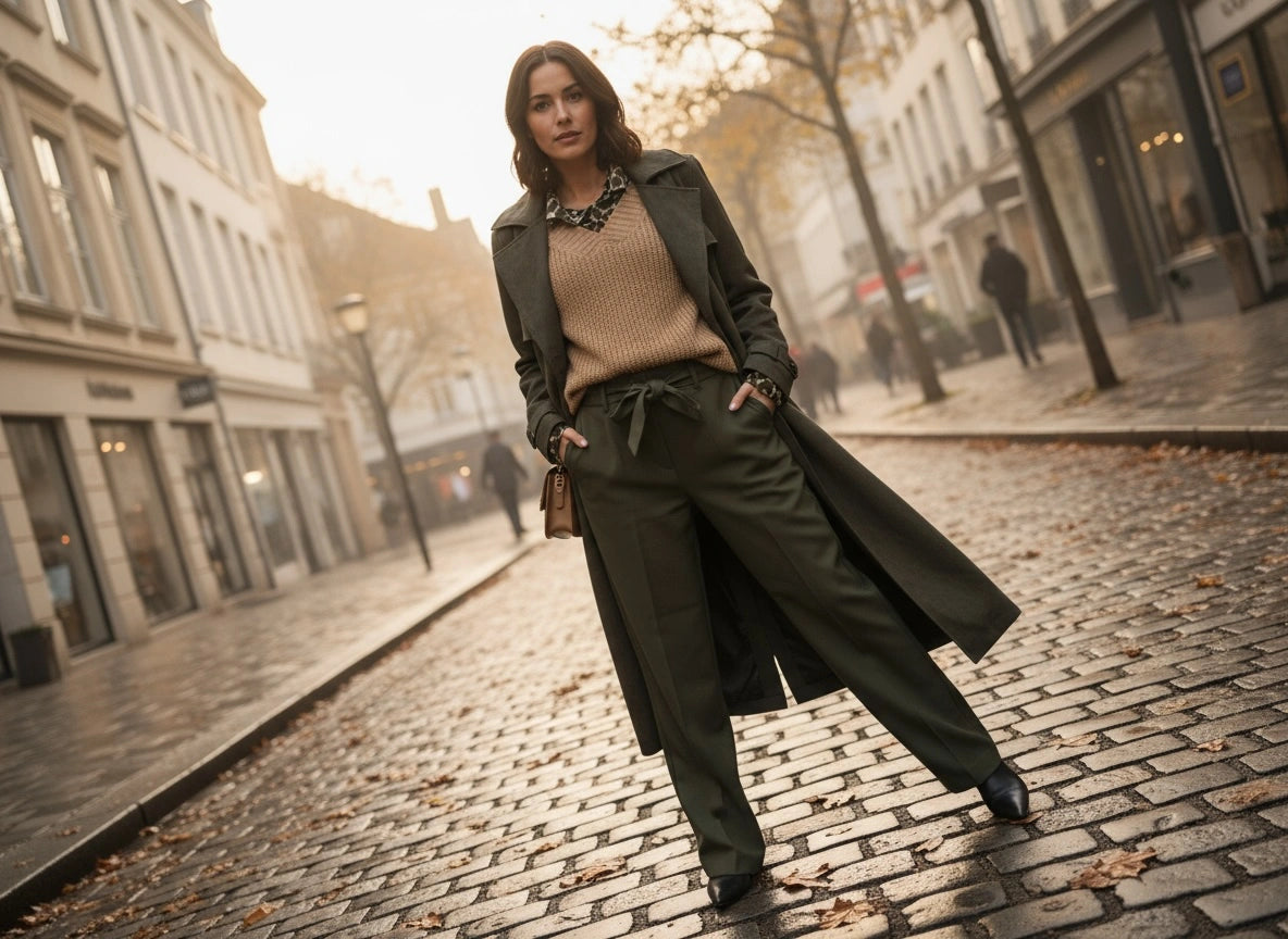 Femme marchant dans une rue pavée à l'automne, portant un pantalon large taille haute kaki, un pull col V camel et un manteau long. Look chic, confortable et moderne signé Danie Hoo.