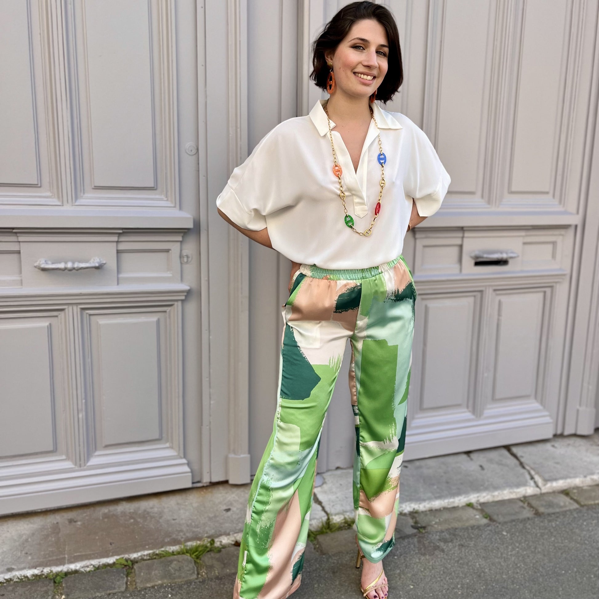 Pantalon fluide imprime VERT