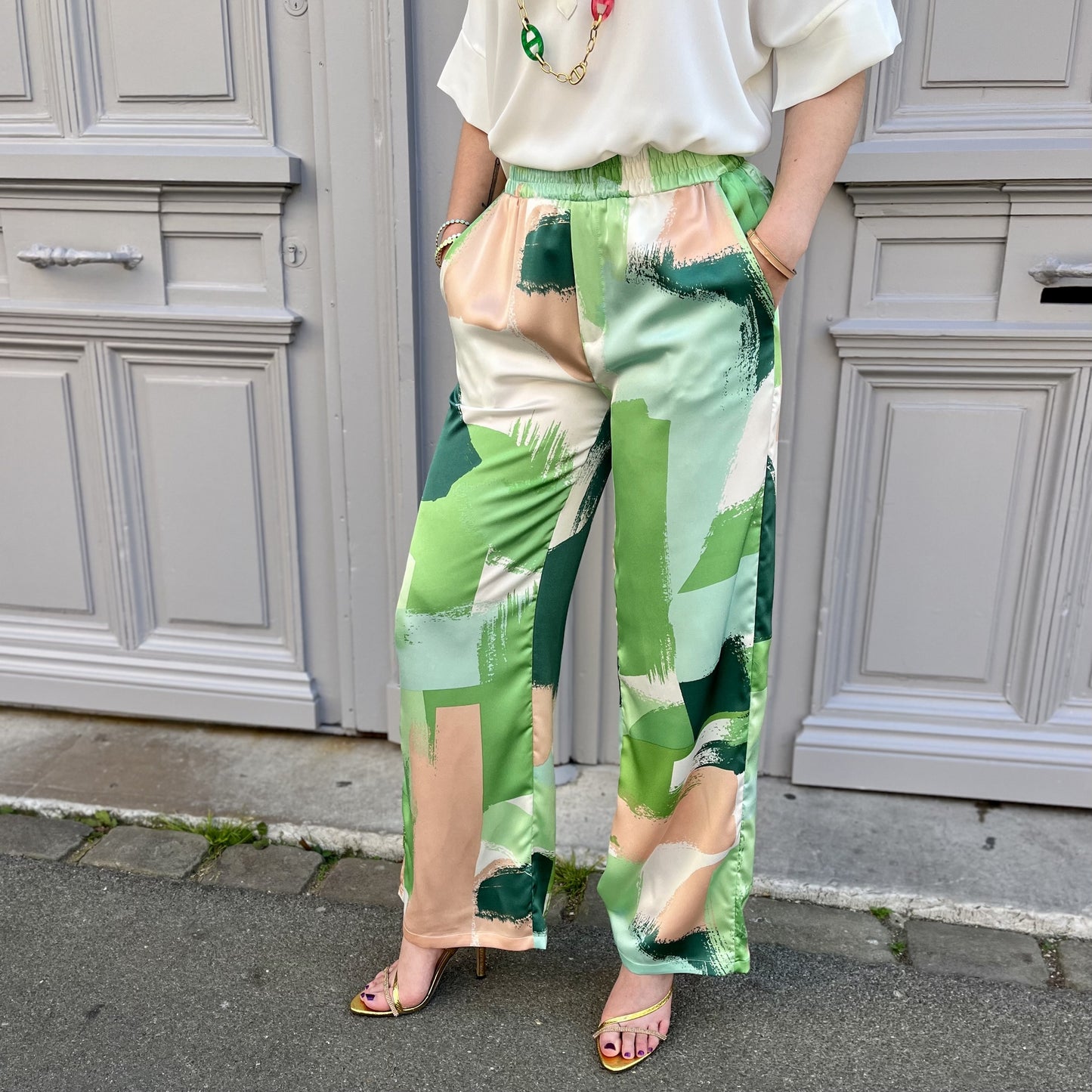 Pantalon fluide imprime VERT