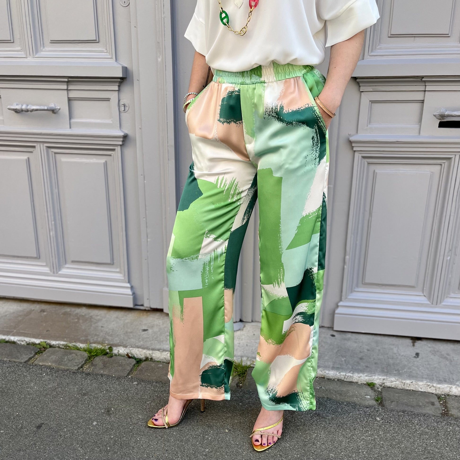 Pantalon fluide imprime VERT