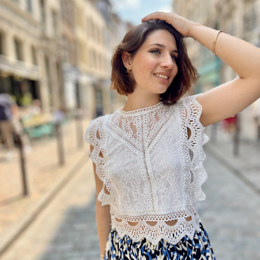 Blouse dentelle sans manche BLANC