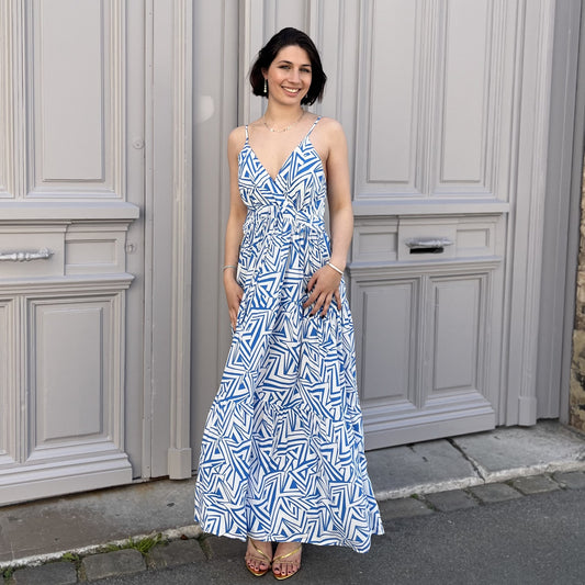 Robe longue à fines bretelles & à motifs BLEU